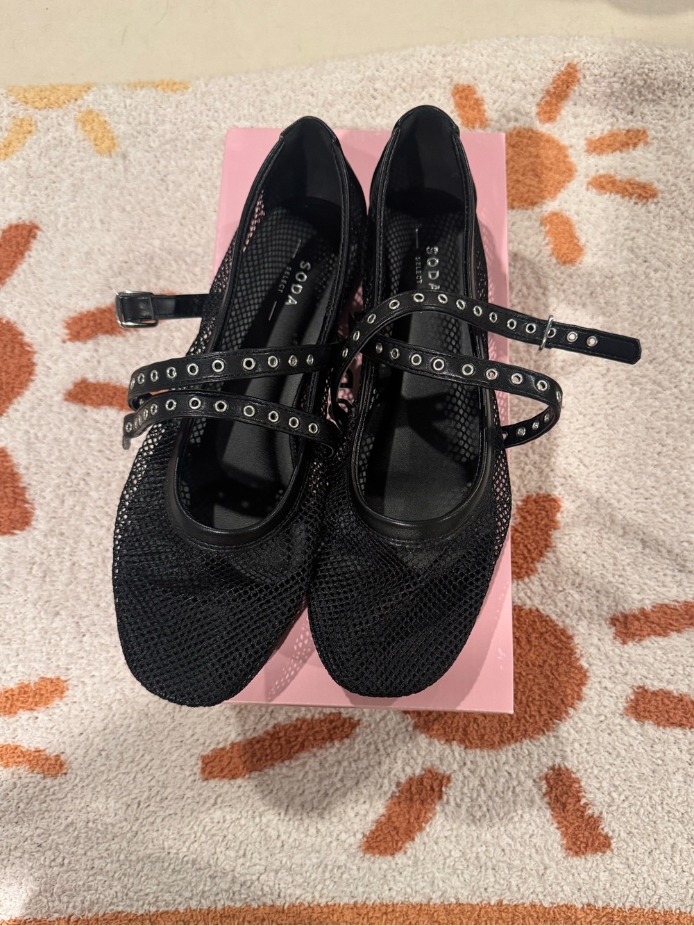 Soda Black Mesh Mary Jane Flats with Studded Straps